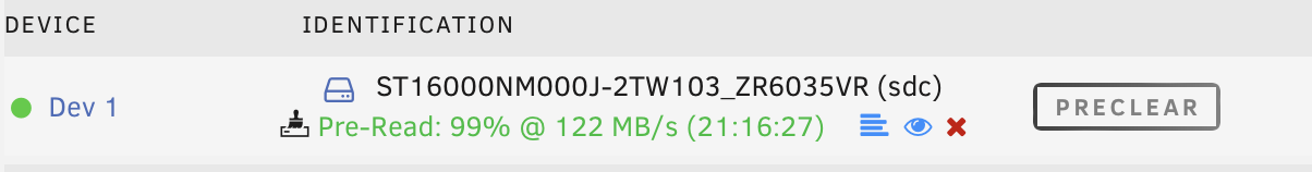 Screenshot of Unraid, showing the new 16TB hard drive at 99% pre-read after just over 21hours.