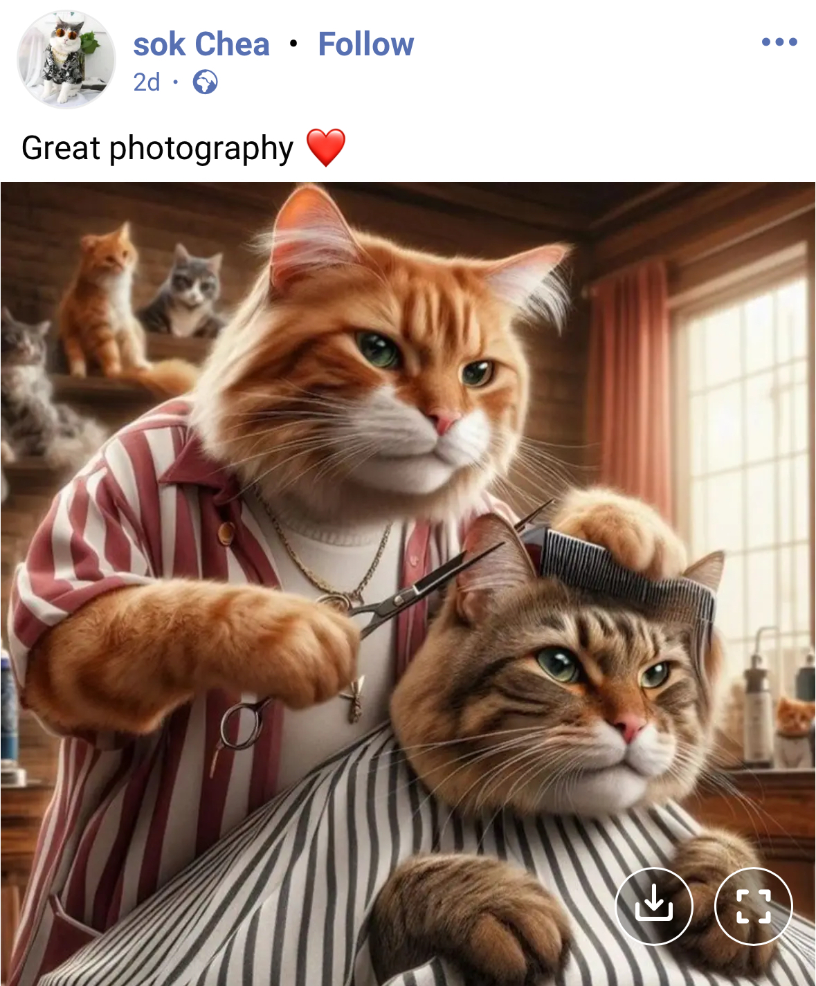 Screenshot of a Facebook post, showing an AI generated cat anthropomorphised as a barber, cutting another cat's fur. The scissors the one cat is holding are clipping through the other cat's ear - an error in the AI generation