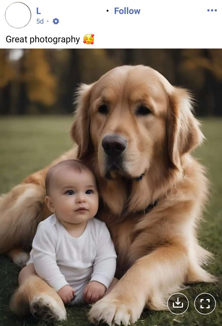 Screenshot of Facebook, an AI generated photo of a baby sitting next to a dog, with the caption