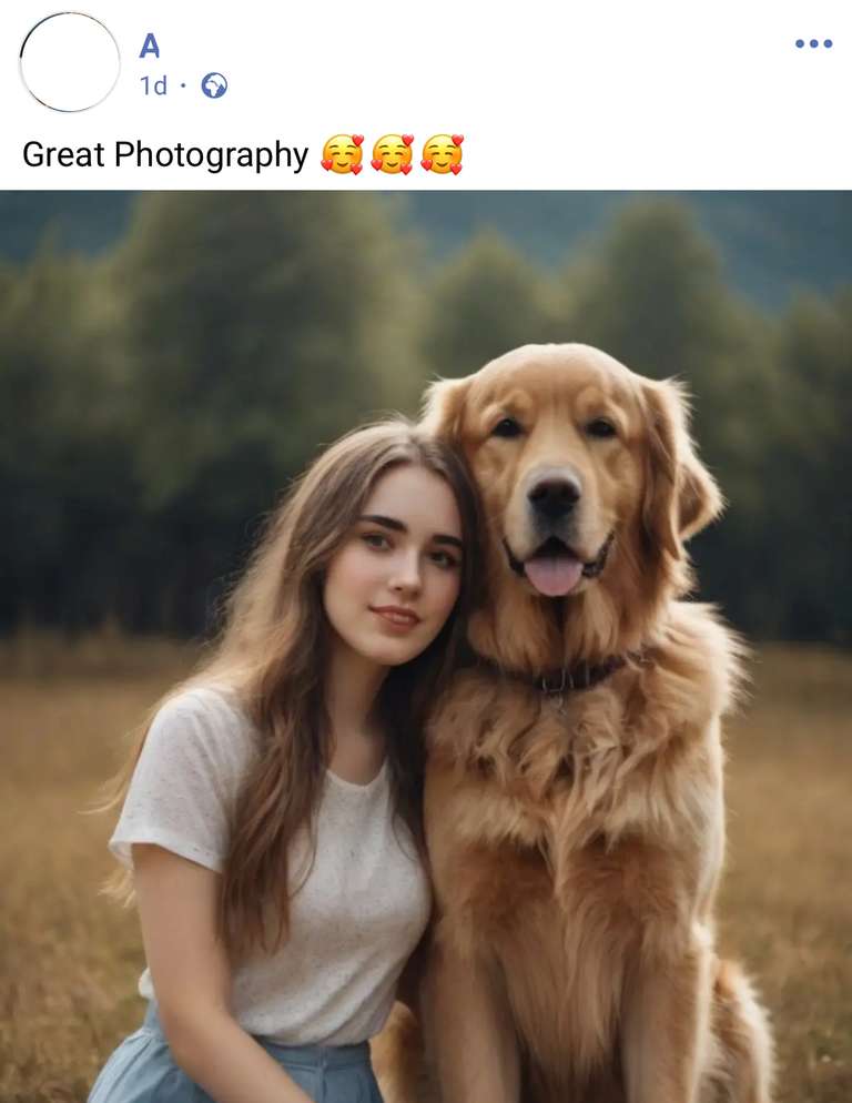 Screenshot of Facebook, an AI generated photo of a young woman sitting next to a dog, with the caption